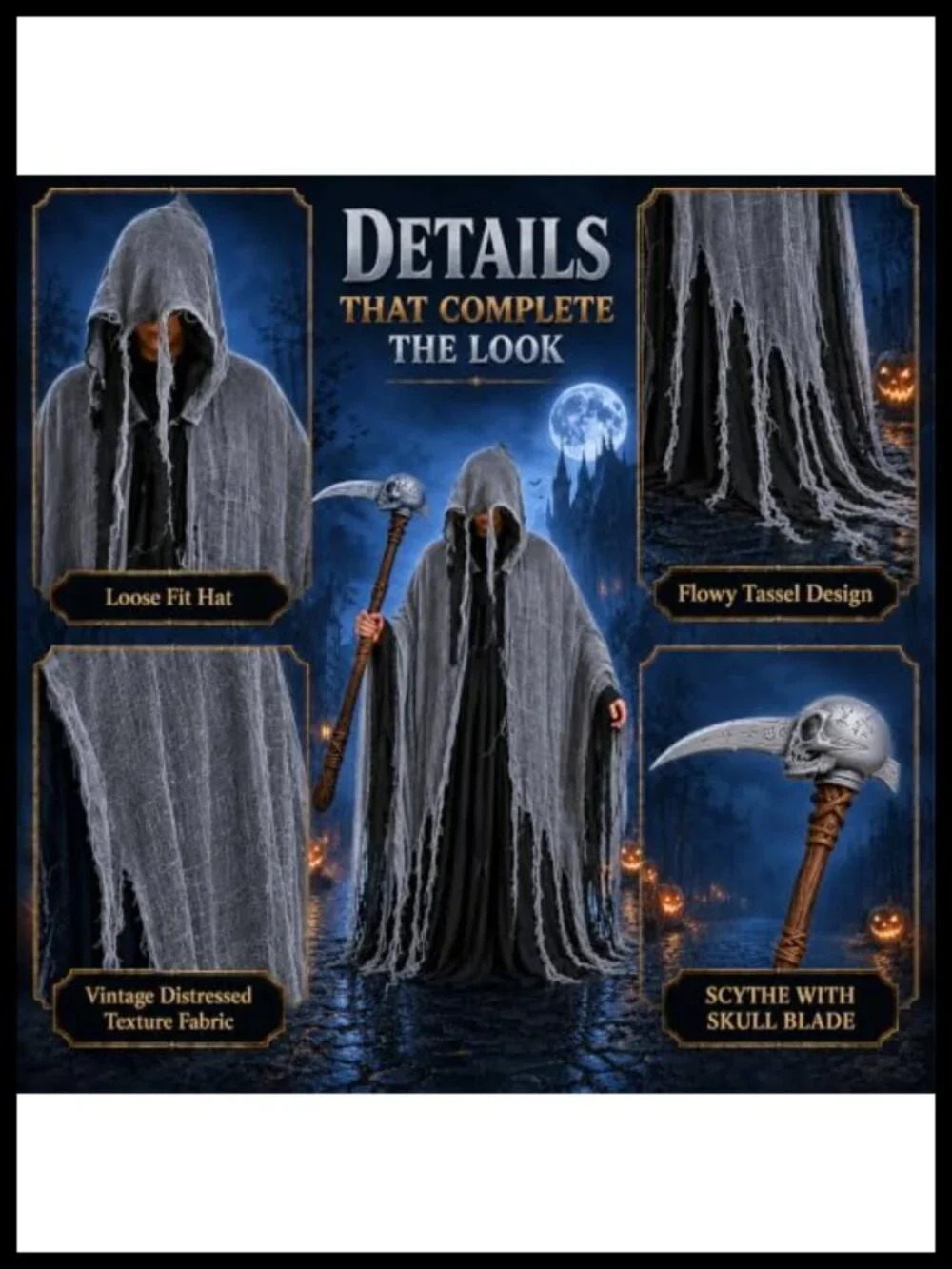 Kids Grim Reaper Hooded Cape Costume Set Scythe Prop Cosplay